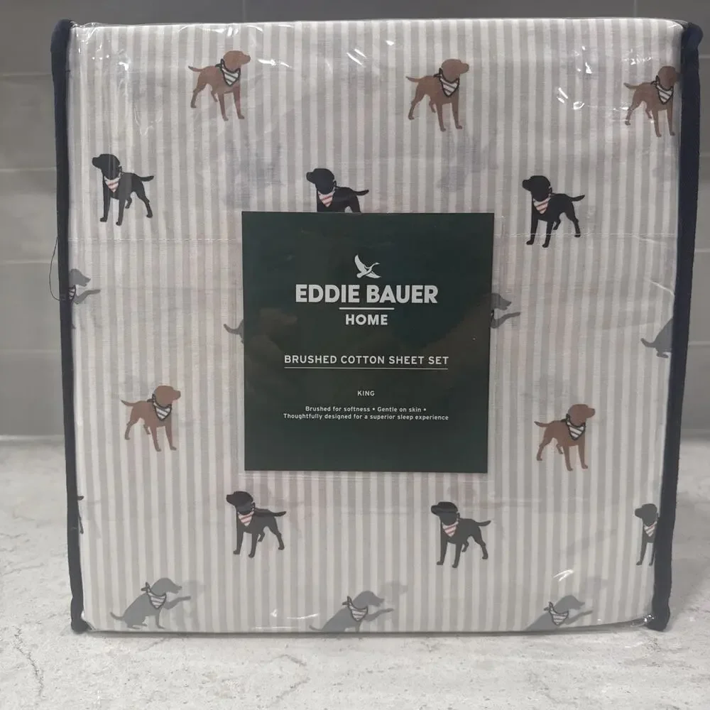 4 pc KING Eddie Bauer Buddy Scarves Stripes 100% Cotton Sheet Set Retriever Dogs